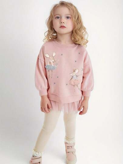 Young Girl Autumn Multi-Piece Set With Long Sleeve Tops, Tulle & Cartoon Prints