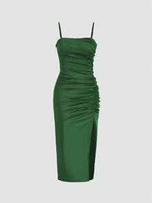 Women's Elegant Satin Pleated Midi Cocktail Dress, Graceful For Spring/Summer, Everyday Outings, Parties, Valentine's Day - Green - View 4