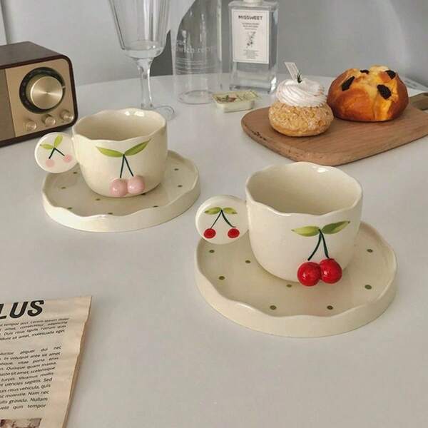 1 pièce Assiette de tasse à café 3D 200 ml, tasse à thé en relief japonais Ins avec motif cerisier, ensemble mignon de tasse à café 3D, tasse à thé de l'après-midi et tasse à thé noir convenant à un usage quotidien