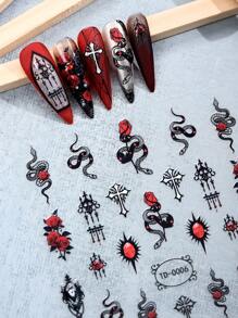Beauty Sticker 4 件装 5D 美甲贴纸，秋冬果冻纹理复古哥特式骷髅玫瑰蝴蝶自粘指甲贴花，适合女士和女孩 DIY 使用的美甲装饰 - 彩色 - 查看 5