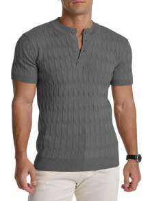 Camisas De Punto Henley De Manga Corta Para Hombre, Ajuste Delgado, Camisetas De Moda De Verano - Gray - View 3