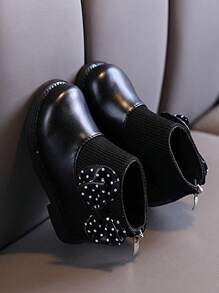 1 par de botas de couro pretas para bebês/crianças pequenas com laço e design de zíper plano, adequadas para o inverno