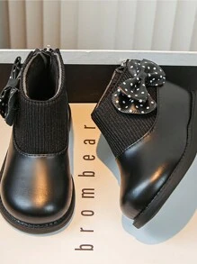 1 par de botas de couro pretas para bebês/crianças pequenas com laço e design de zíper plano, adequadas para o inverno