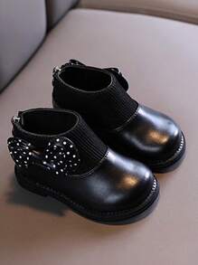 1 par de botas de couro pretas para bebês/crianças pequenas com laço e design de zíper plano, adequadas para o inverno