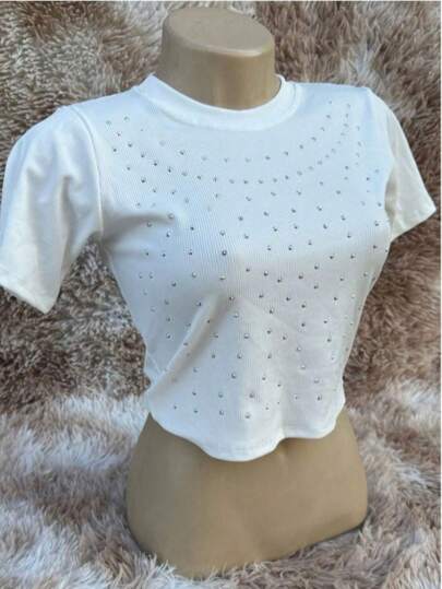 Blusa Croped Feminina Manga Curta com Brilho