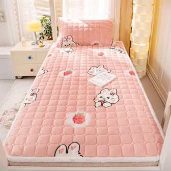 1pc Cartoon Quilted Milk Fleece Mattress Pad, Cozy & Skin-Friendly For Dormitory, Washable, Fall/Winter (Pillow Cases Not Included)