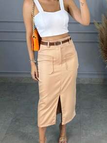 Midi Tailored Skirt With Plain Ring - Màu be - Xem 3