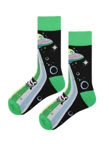 1pair Women's Versatile Comfortable Alien Pattern Crew Socks, Fall - Multicolor - View 7