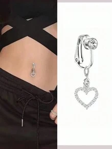 1pc Heart-Shaped Non-Piercing Fake Belly Button Ring, Fashionable Body Jewelry Gift Suitable For Any Occasion - Silver - View 9