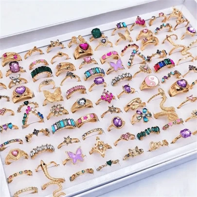 Juego de 20 piezas de anillos con diseños de mariposa, serpiente y flor, con incrustaciones de rhinestone, accesorios de joyería unisex de estilo mixto, adecuados para uso diario y decoración de fiestas