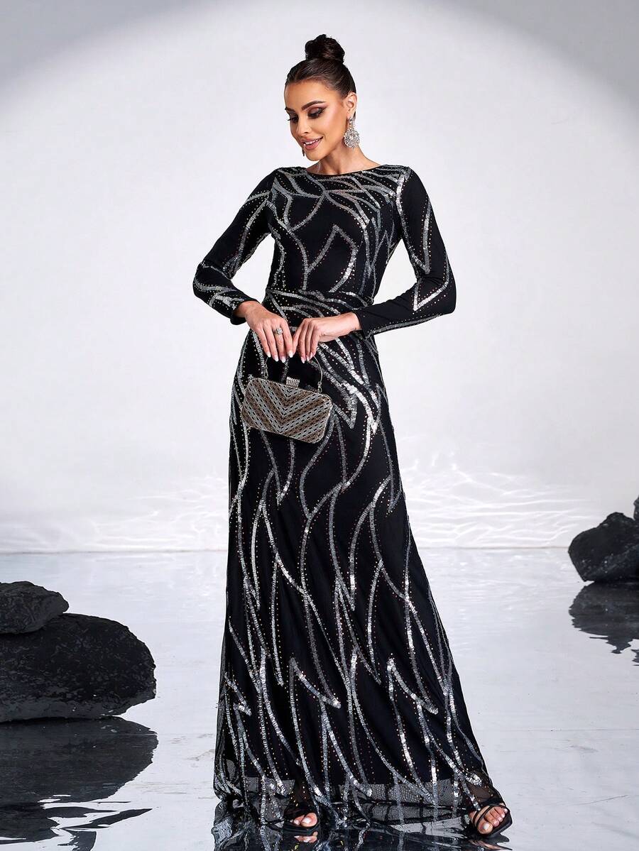 Missord Váy dự tiệc dài tay đính sequin cho nữ, váy dạ hội trang trọng thanh lịch, dành cho khách dự tiệc cưới, tốt nghiệp, tiệc tối - Bạc - Xem 1