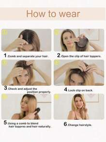 女性髮頂20英寸長波浪捲髮頂,最深的棕色合成假髮片,可以夾在頭髮中