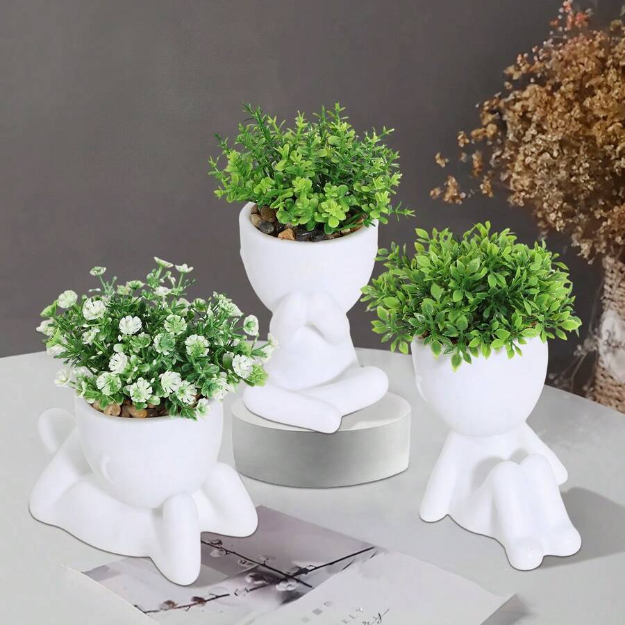 1 件人造盆栽，卡通形状，黑色/白色花盆，3 种设计可选，人造花，家居、办公室、花园装饰
