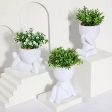 1 件人造盆栽，卡通形状，黑色/白色花盆，3 种设计可选，人造花，家居、办公室、花园装饰 - 綠色 - 查看 3