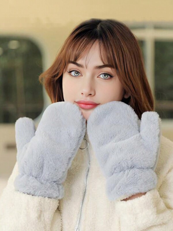 1 Stück Damen flauschige, dicke und warme Winterhandschuhe, süßes und einfaches weißes Fäustlingsdesign, geeignet für Studenten und den täglichen Gebrauch, zum Essen, Einkaufen