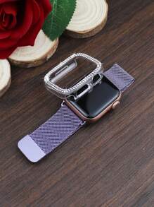 Conjunto de combinação de pulseira e capa compatível com , elegante, casual para negócios, para homens e mulheres, pulseira com fivela magnética trançada em formato de anel, macia e respirável + PC cravejado de strass brilhantes, antiqueda e resistente a arranhões