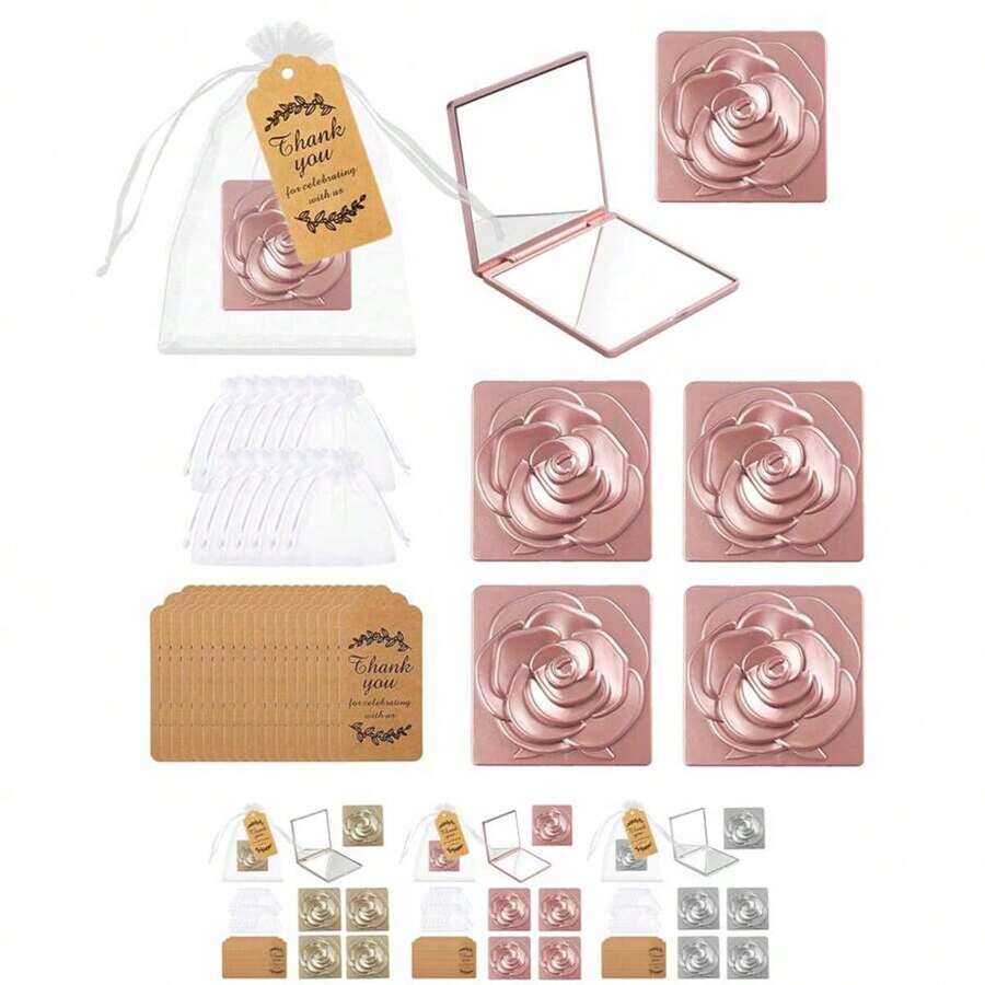 9 件优雅玫瑰化妆镜婚礼化妆派对礼物 - 便携且适合旅行，配有感谢标签和欧根纱袋，非常适合婚礼礼物、新娘送礼会、单身派对和圣诞节 - 彩色 - 查看 1