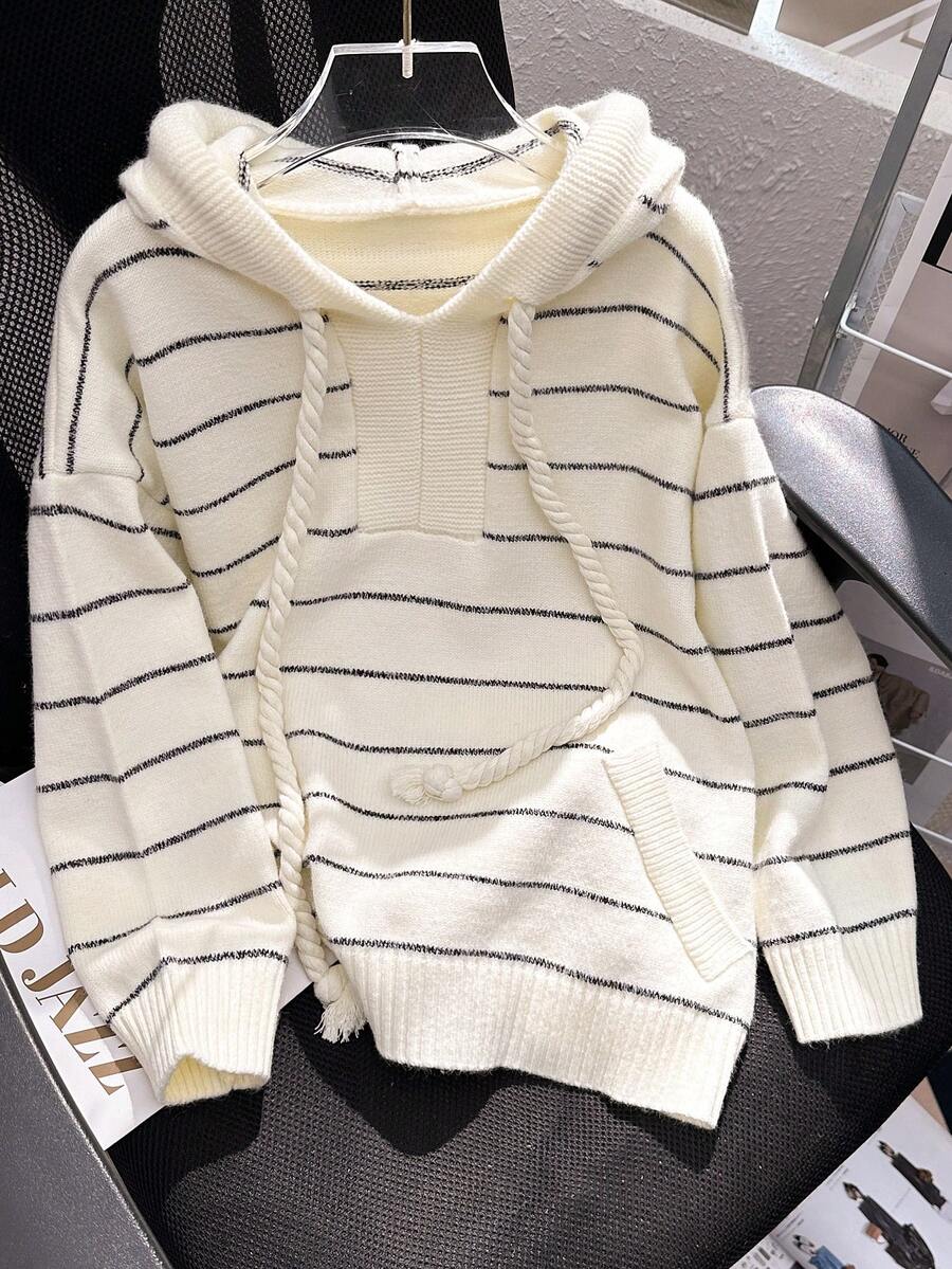 JIANHU 春季新款条纹针织连帽衫 女式宽松休闲套头毛衣外套 时尚上衣 白色 - 白色 - 查看 1