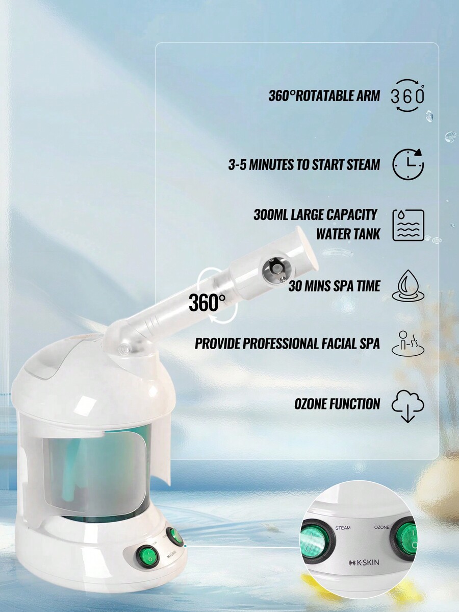 KSKIN Facial Steamer Ozone Steamer With Extendable Arm Professional Nano Ionic Facial