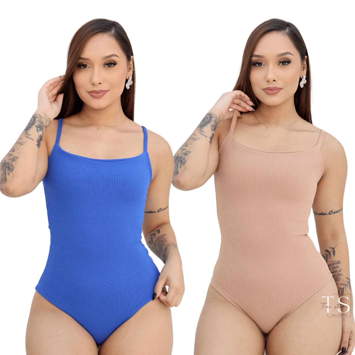 KIT 2 Women's Bodysuit With Thin Straps Premium Ribbed Terrycloth Straps - NUDE Y AZUL REAL - Ver 1
