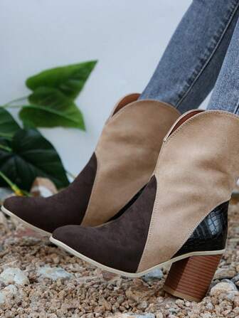 Women's Fashion Round Toe Chunky Heel Slip-On Mid-Calf Boots, New Casual Outdoor Shoes