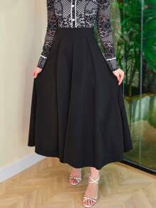 Falda plisada de cintura alta negra para oficina, primavera/verano, elegante para invitada de boda - Negro - Ver 3