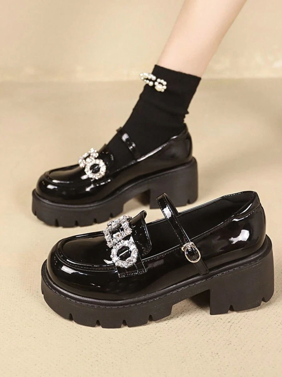 Giày đế xuồng mũi tròn màu đen dành cho nữ có khóa cài và trang trí bằng đá Rhinestone, dành cho mùa xuân và mùa thu - màu đen - Xem 1