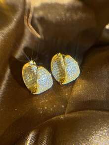 Women's Hoop Drop Earrings Studded Inside And Outside With Zirconia Stone, 18k Gold Plated And 925 Silver - Gold - View 3