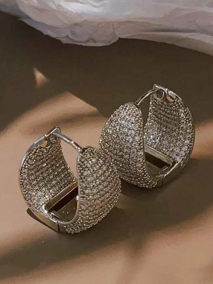 Women's Hoop Drop Earrings Studded Inside And Outside With Zirconia Stone, 18k Gold Plated And 925 Silver - Silver - View 1