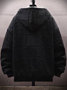 Men's Loose Fit Hooded Fleece Jacket, For Fall Winter, Grunge - Black - View 2