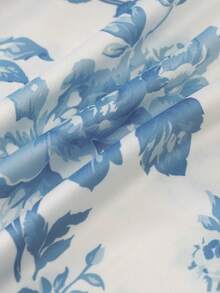 Floral Print Ruched Bodycon Slit Cami Dress, Elegant For Spring/Summer, Valentine's Day, Everyday Wear, Party - Blue and White - View 6