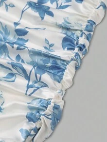 Floral Print Ruched Bodycon Slit Cami Dress, Elegant For Spring/Summer, Valentine's Day, Everyday Wear, Party - Blue and White - View 7