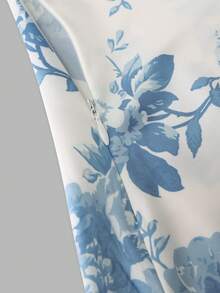 Floral Print Ruched Bodycon Slit Cami Dress, Elegant For Spring/Summer, Valentine's Day, Everyday Wear, Party - Blue and White - View 4