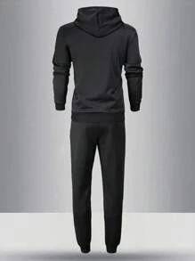 Men Letter Graphic Drawstring Hoodie & Sweatpants - Black - View 2
