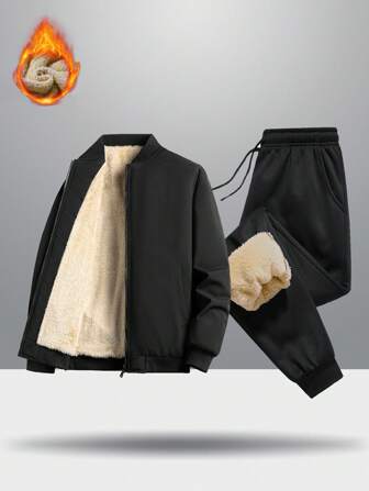 Men's Winter Plush Lined Round Neck Zipper Long Sleeve Coat Plush Lined Drawstring Waist Winter Warm Suit, Fall Clothes