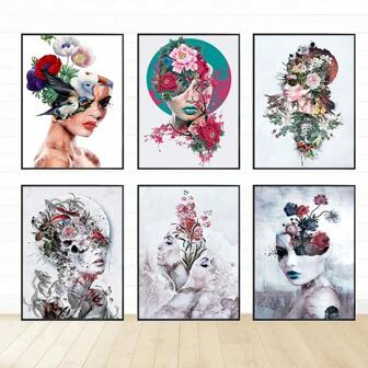 1 pieza Obra de arte mural póster con opción de marco, pintura de lienzo abstracta floral nórdica con imagen de mujer cabeza de flor surrealista moderna para decoración del hogar, regalo, sala de estar