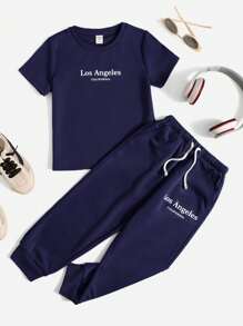 Casual Comfortable Letter Printed T-Shirt And Pants Set - 黑色 - 查看 1