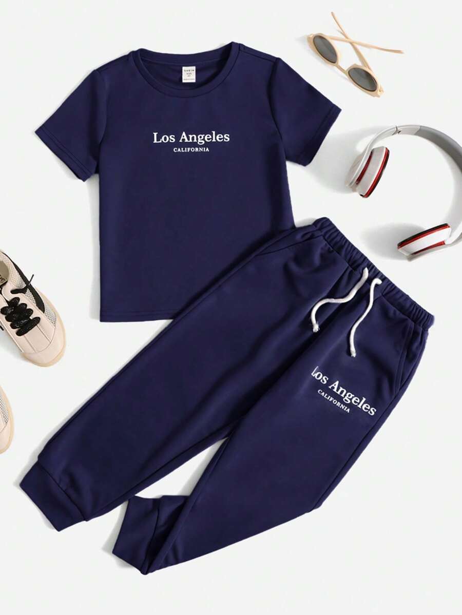 Casual Comfortable Letter Printed T-Shirt And Pants Set - 黑色 - 查看 1