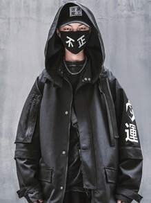Jacket With Detachable Arm Sleeves And Hoodie Techwear Streetwear Zip Up Windbreaker For Men - màu đen - Xem 2