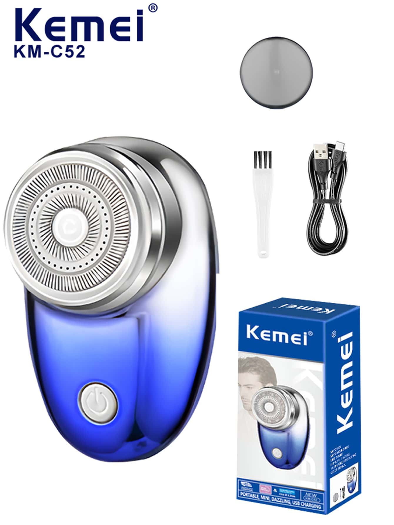 Kemei 热销迷你便携式剃须刀Km-C52防水干湿两用电动剃须刀，柔软亲肤，电池电量显示 - 藍色 - 查看 1