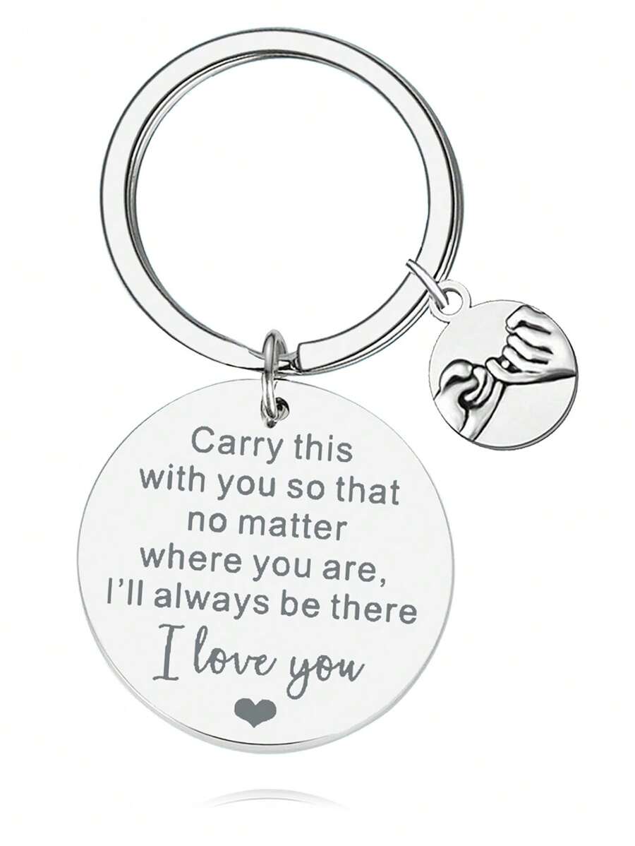 1pc Women's Men's Finger Pull Hook Pattern Charm Pendant Slogan Carry This With You I Love You Carved Stainless Steel Keychain For Couple Wife Husband Girlfriend Boyfriend Cute Fashion Style Car Keychain Valentine's Day Gift Car Accessories Bag Charm School Goth Y2k Bag Accessories Lanyards With Id Holder Car Accessories Bag Charms Gifts For Mother, Father, Graduation, And Teacher - Light Grey - View 1
