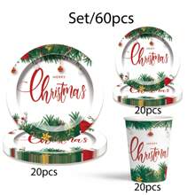 60 piezas/set Juego desechable de vajilla para fiestas navideñas, incluye platos de papel de 9"/7", platos de postre y tazas para café/bebidas frías - Multicolor - Ver 7