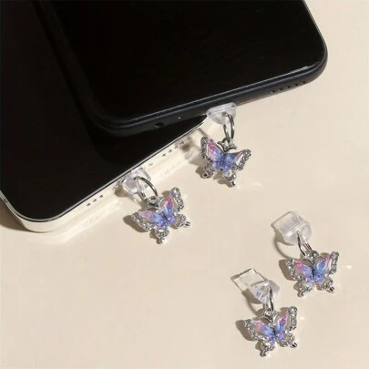 1pc Rhinestone Single Butterfly Mobile Phone Dust Plug - Anti-Fouling, Waterproof, Anti-Drop, Small And Cute, Durable, Alloy Manufacturing, Can Store Debris Decorative Electronic Accessories - Suitable For Headphones, Computer Type-C Interface. Compatible With Iphone Interfaces And Type-C Interfaces (Compatible With The Entire Compatible With Iphone 15 Series)