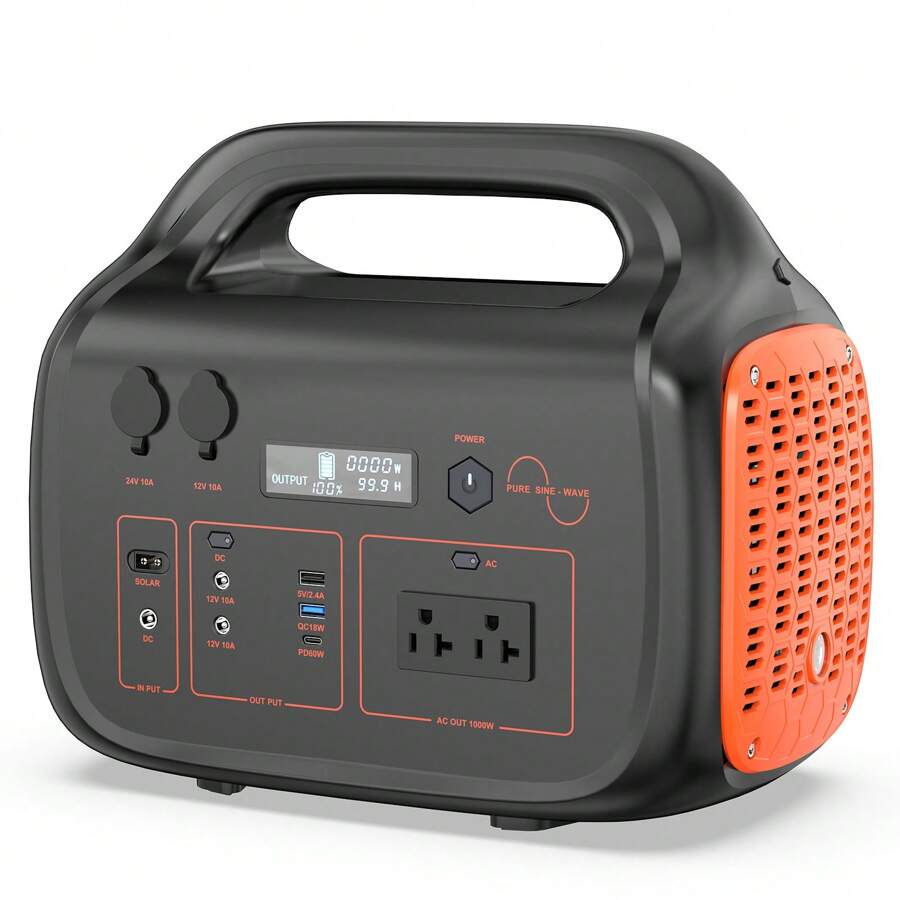 Portable Power Station, 1000W Solar Generator, 1075Wh Backup Lithium Battery, 120V/1000W AC Outlet, Solar Powered Generator For RV Camping Outdoor Hiking Fishing Emergency - Yellow - View 1