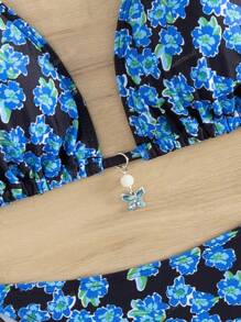 Fashionable Floral Printed Sexy Halter Tie Side Bikini Set, Hot Beach Swimwear, For Summer Vacation