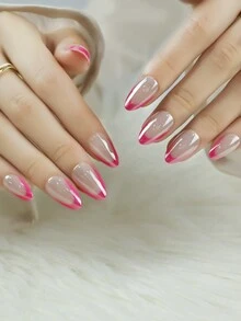 30 件粉色镀铬法式压合指甲，经典杏仁形假指甲，配 1 件果冻胶和 1 件锉刀，提升魅力，甜美可爱风格，适合派对和日常穿着 - 玫紅色 - 查看 2