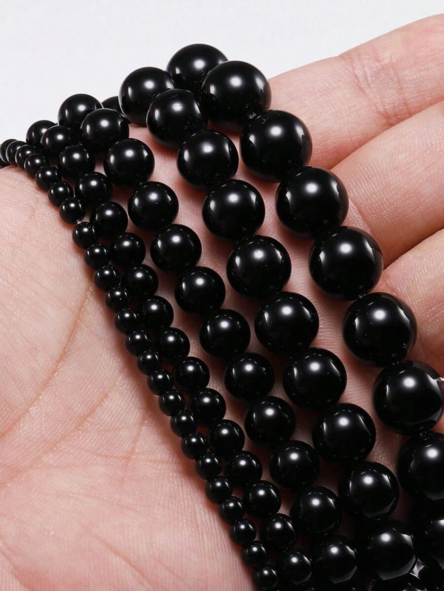 1 sợi 4-10mm hạt thủy tinh đen tròn mịn có lỗ hạt rời để làm đồ trang sức vòng tay vòng cổ tự làm hạt - màu đen - Xem 1