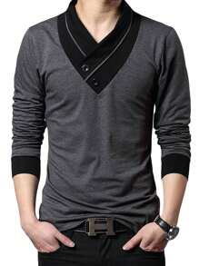 Camiseta De Hombre Con Cuello En V  Camisa De Hombre De Manga Larga Color Blocking - Gris - Ver 3