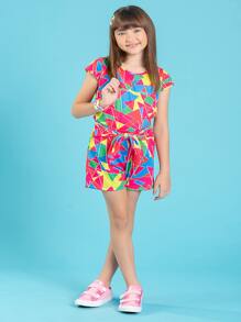 Girls Summer Set With Cup Sleeve Blouse And Geometric Tie Shorts - Hot Pink - View 1