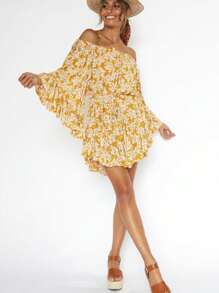 Women's Off Shoulder Floral Print Dress With Balloon Sleeves And Ruffle Hem